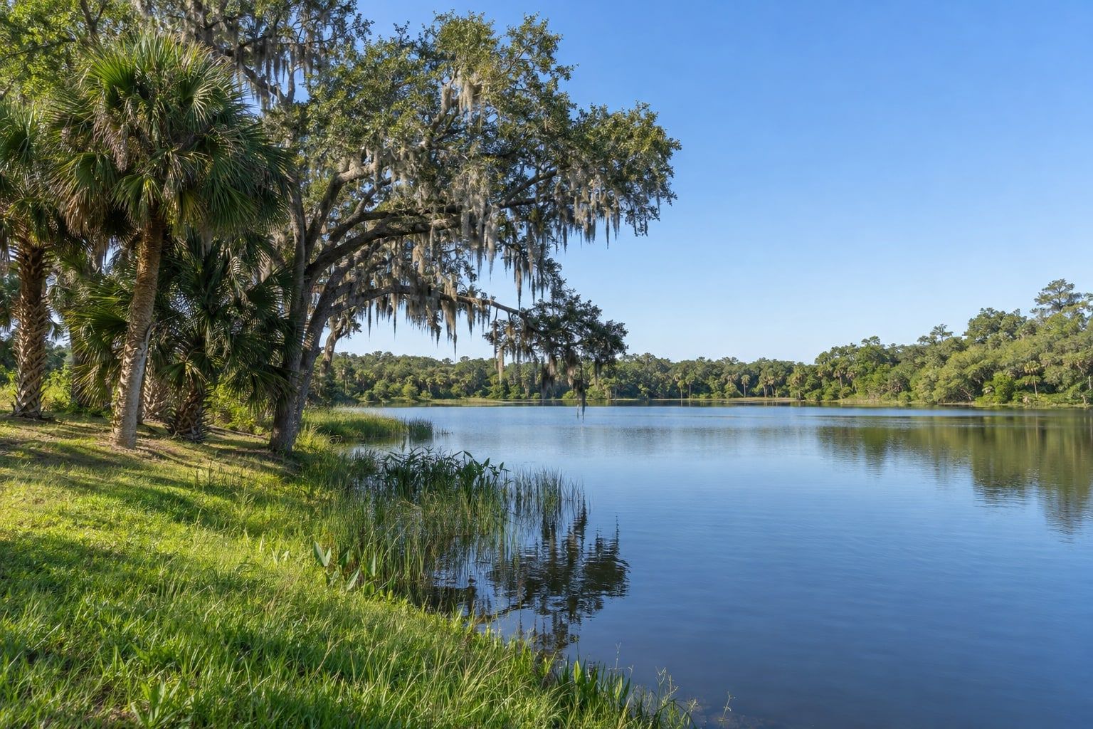 A calm lake under a clear blue sky, with a grassy bank at the left, live oaks hung with Spanish moss and a cabbage palm